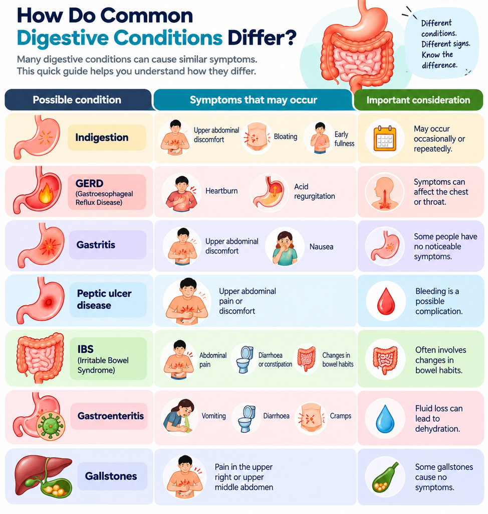 Infographic comparing common digestive conditions including indigestion, GERD, gastritis, peptic ulcer disease, IBS, gastroenteritis, and gallstones, their symptoms and key differences.