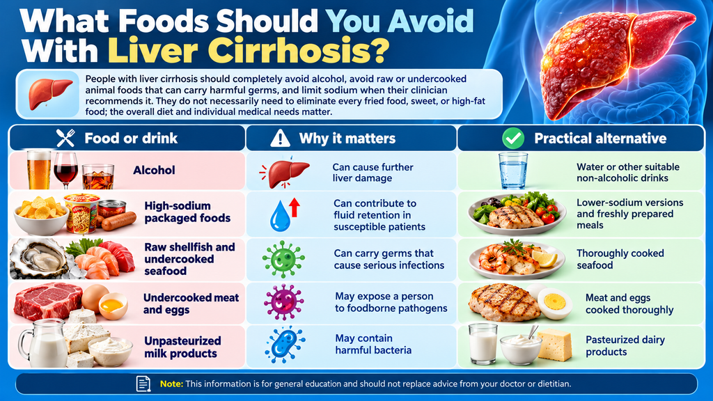 Foods and drinks to avoid with liver cirrhosis, including alcohol, high-sodium packaged foods, raw seafood, undercooked meat and unpasteurized dairy.