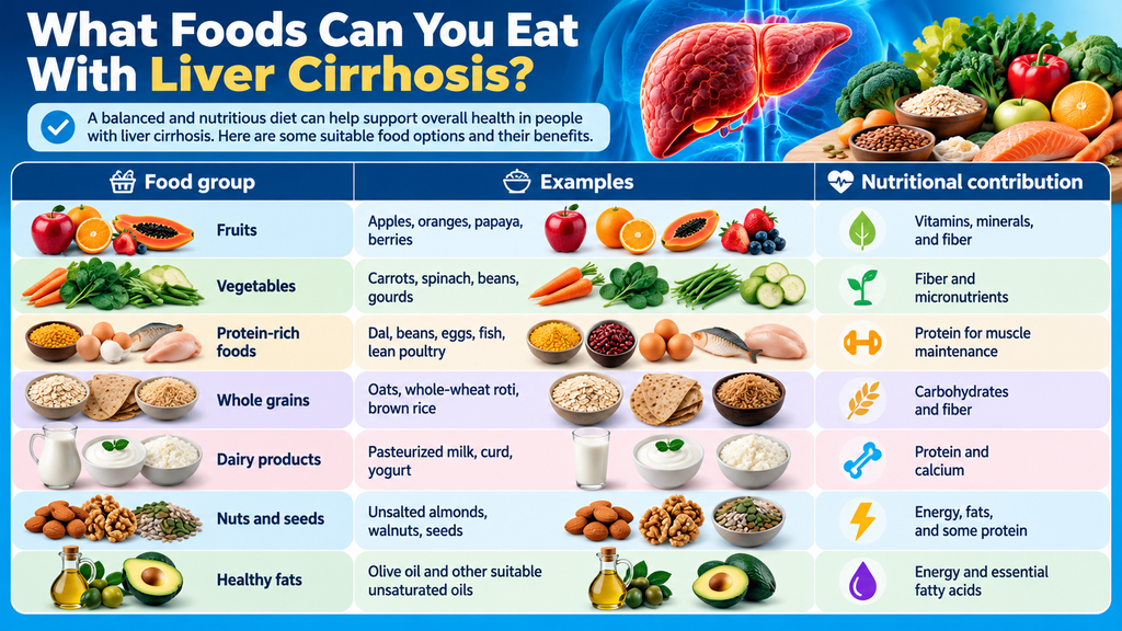 Foods to eat with liver cirrhosis, including fruits, vegetables, protein-rich foods, whole grains, dairy products, nuts, seeds, and healthy fats.