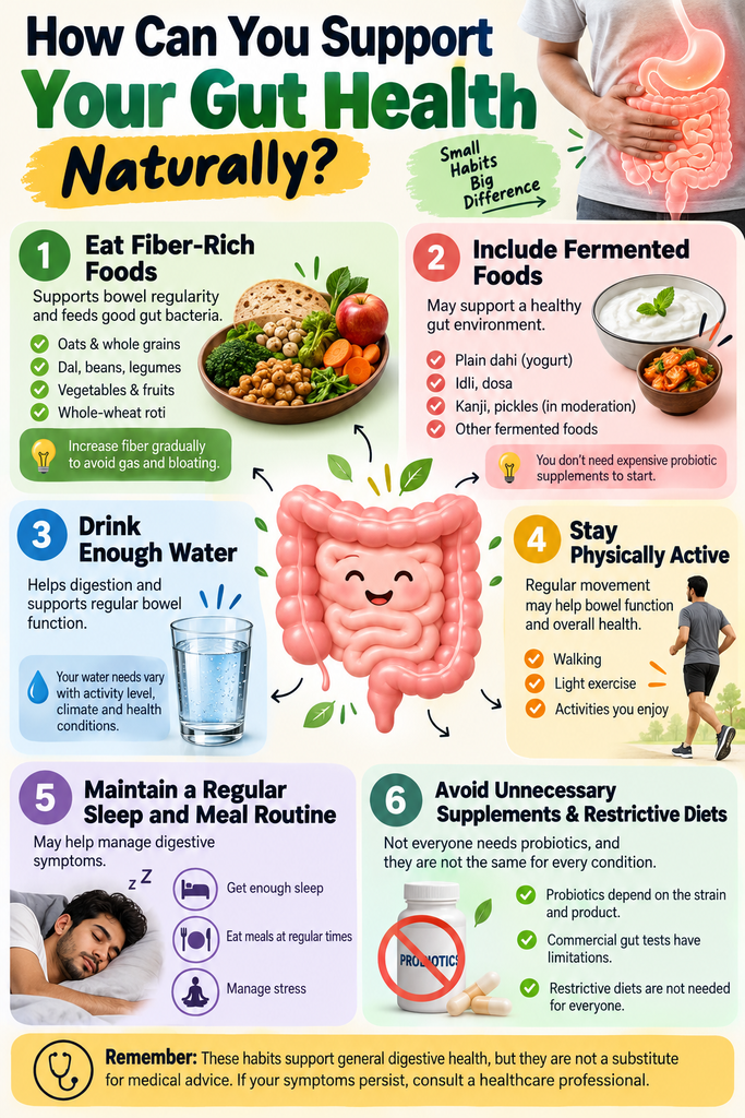 How to support gut health naturally with fiber-rich foods, fermented foods, adequate water, regular exercise, healthy sleep habits, and mindful probiotic use.